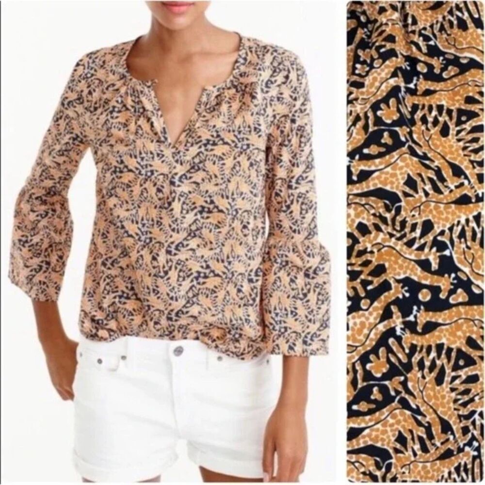 J.‎ CREW x Drake's London Top Womens 0 Giraffe Print Bell Sleeve Keyhole Neck